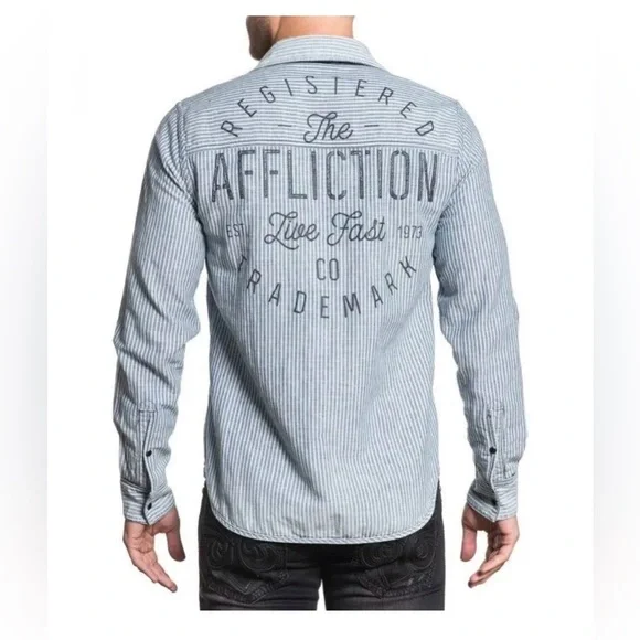 Affliction Reversible Dark Blue Denim Shirt with Graphic Back
Size Medium - Picture 2 of 12